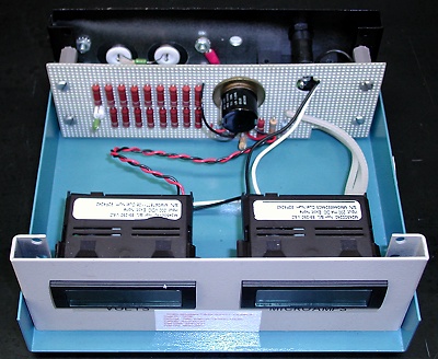 Interior view - voltage  divider is visible on perfboard