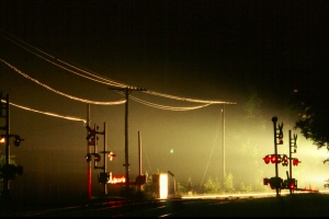 Night train approaching crossing, Charlemont, MA - May, 1999
