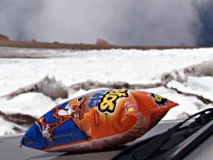 Cheetos at 14,000 feet: lower atmospheric pressure causes bag to inflate like a balloon!